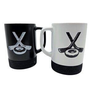 Tim Hortons 2018 Hockey Stick Donut Mug With Rubber Puck Bottom Black White Set